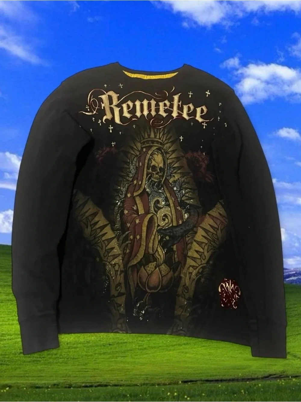 Remetee Black Crewneck Sweatshirt with Gold and Red Graphic